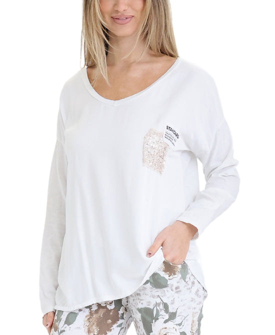 V-Neck Top w/ Sequin Patch view 