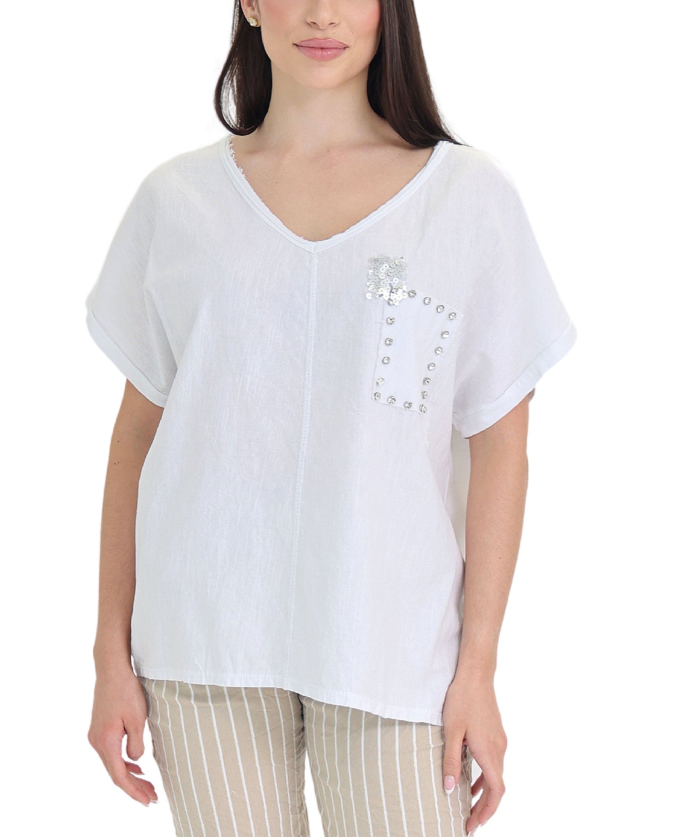 Linen & Cotton Top w/ Rhinestones view 1