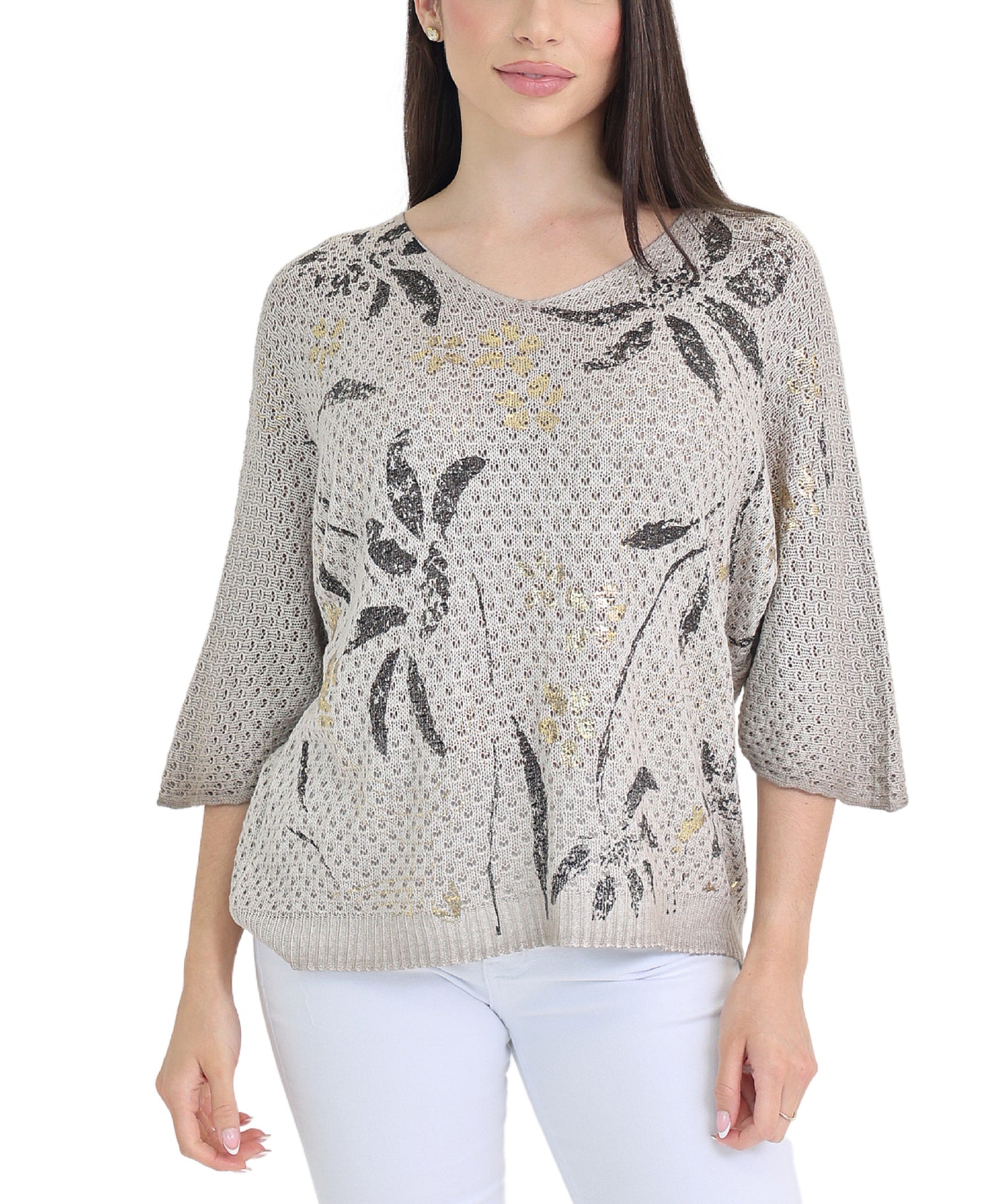 Crochet Knit Top w/ Metallic Floral Print view 1
