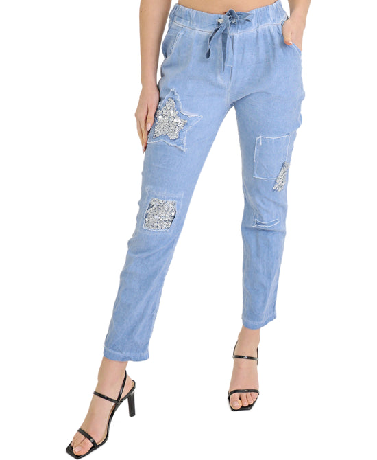 Pants w/ Sequin Star & Frayed Patches view 