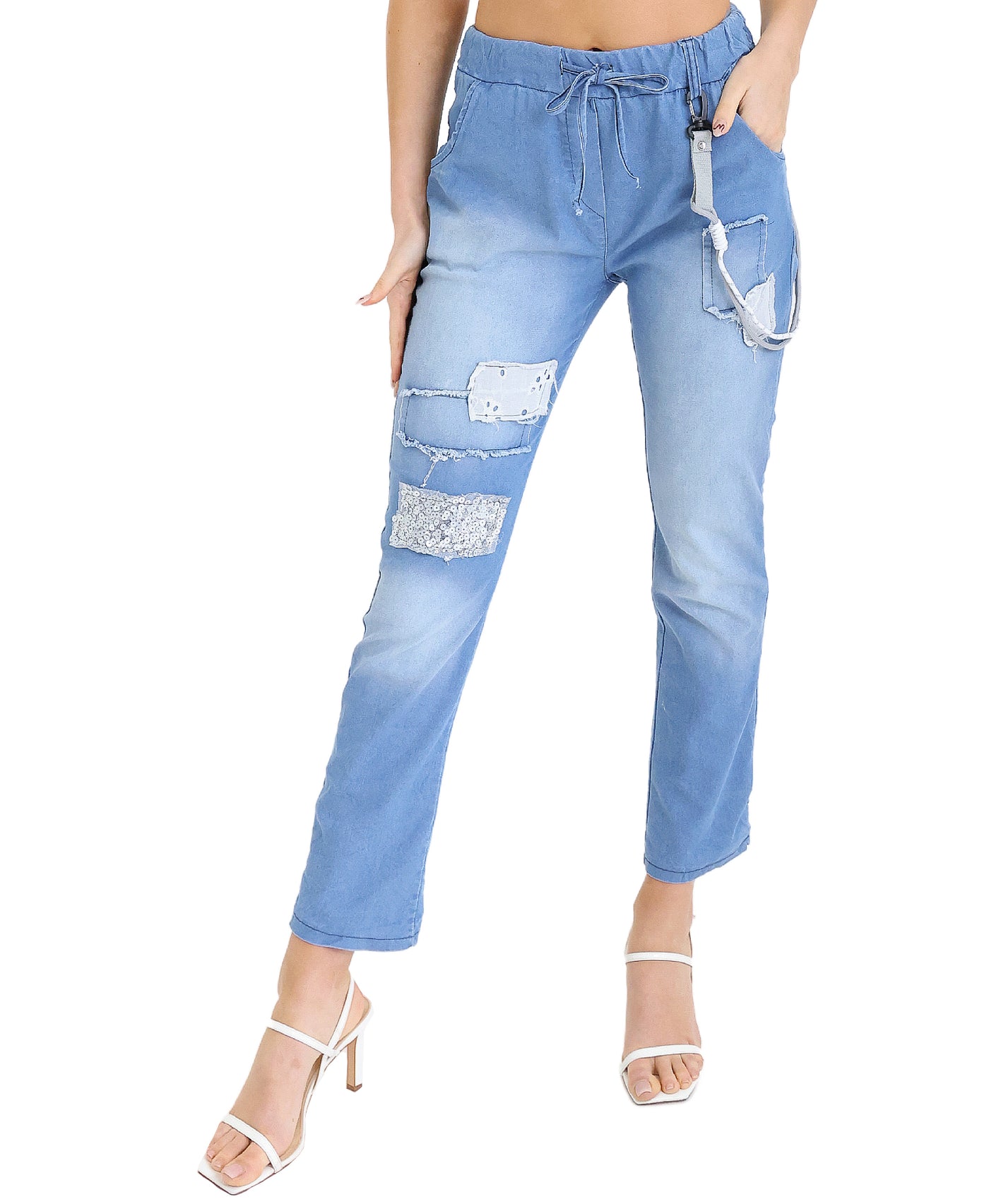 Denim Pants w/ Sequin & Eyelet Patches view 1