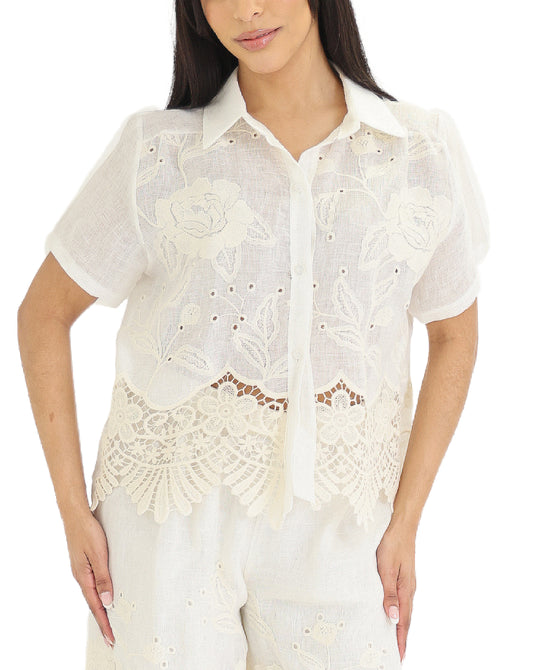 Embroidered Linen Shirt w/ Crochet Trim view 1