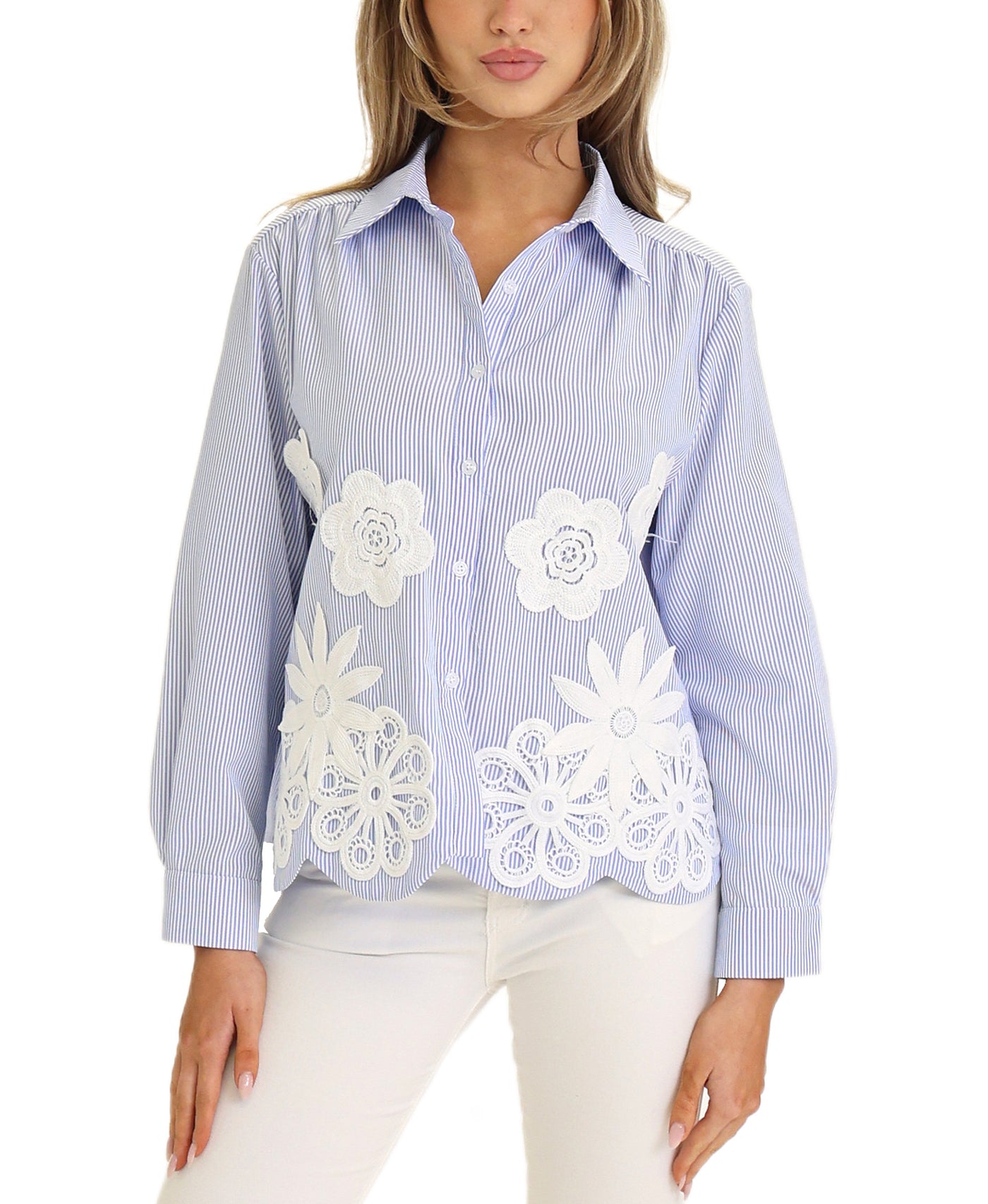 Stripe Shirt w/ Floral Appliques view 1