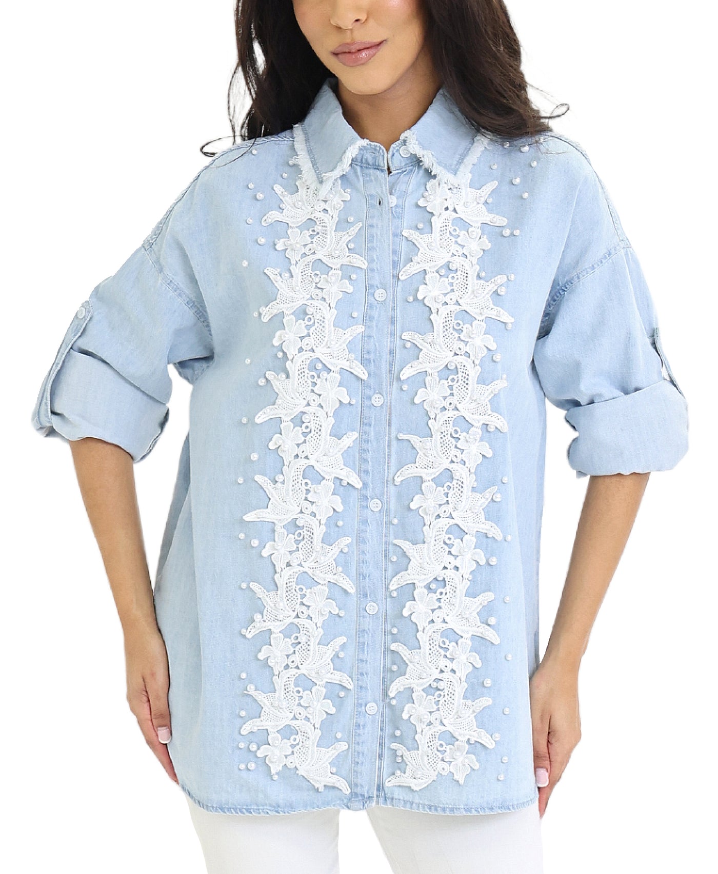 Denim Shirt w/ Crochet Appliques & Pearls view 1