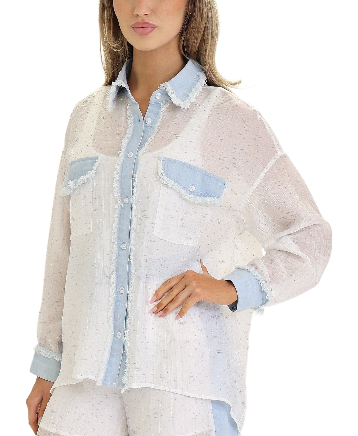 Shimmer Shirt w/ Frayed Denim Trim view 1