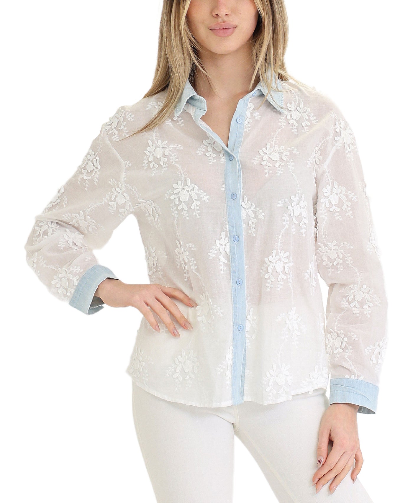 Embroidered Floral Top w/ Denim Trim view 1