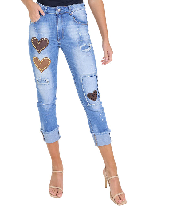 Distressed Cuff Jeans w/ Hearts & Studs view 