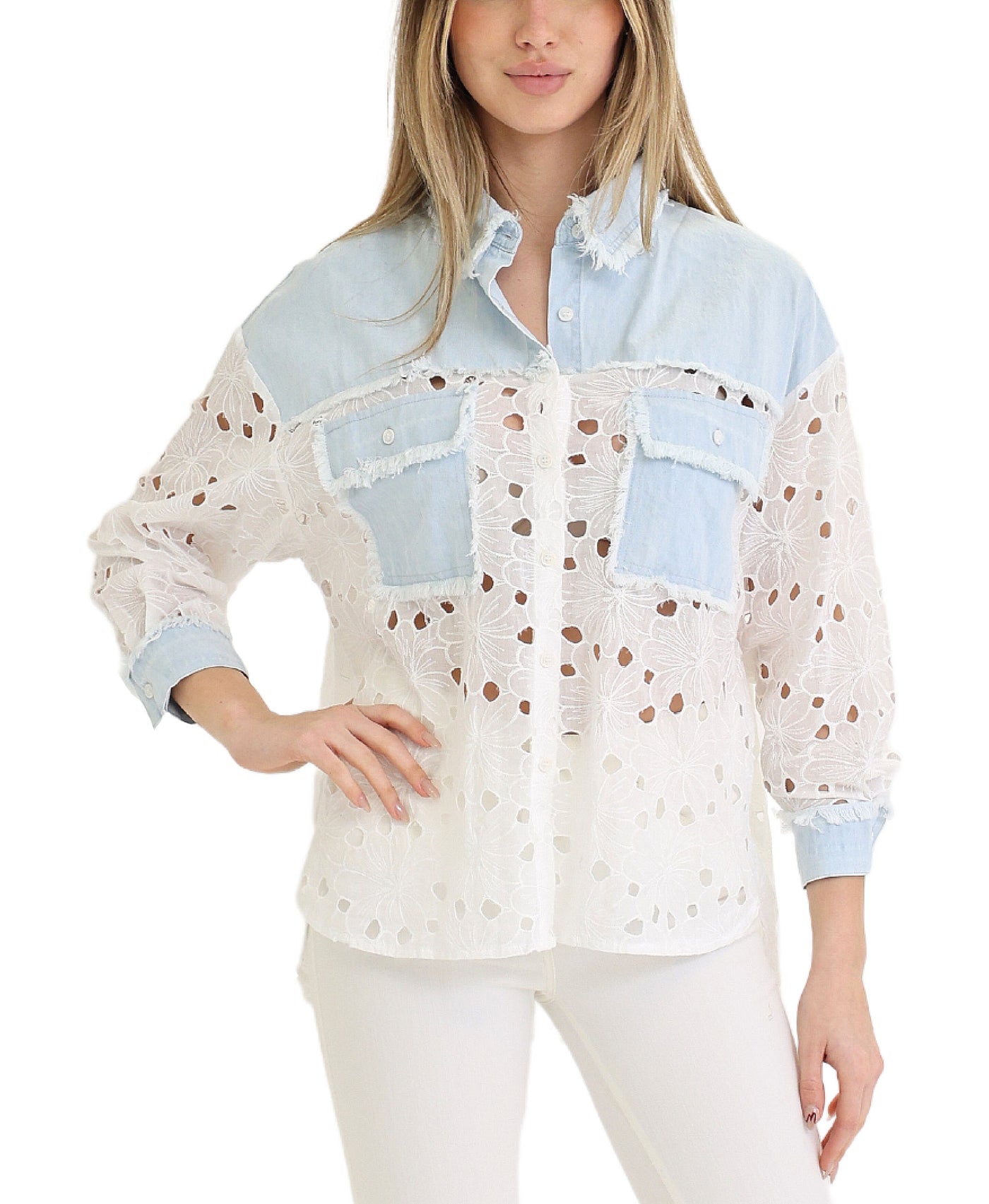 Eyelet Top w/ Denim Trim view 1