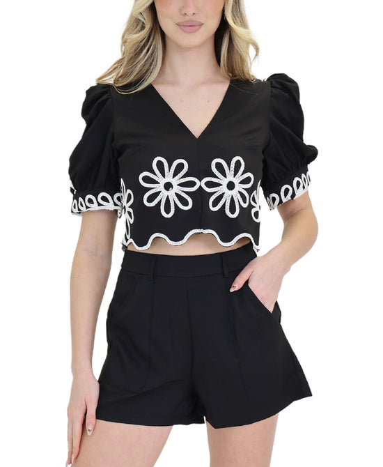 Embroidered Crop Top & Solid Short Set- 2 Pc Set view 