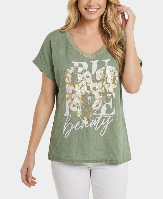 
"Pure Beauty" Linen Top in OLIVE view 1
