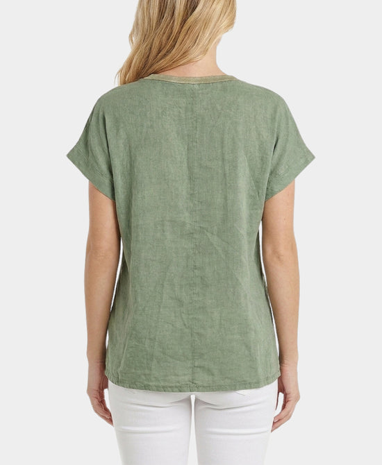 
"Pure Beauty" Linen Top in OLIVE view 2