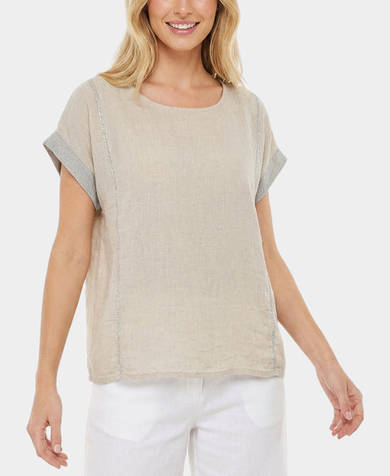
Linen Top w/ Shimmer Trim in BEIGE view 1