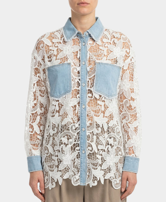 Crochet Lace Shirt w/ Denim Trim view 1
