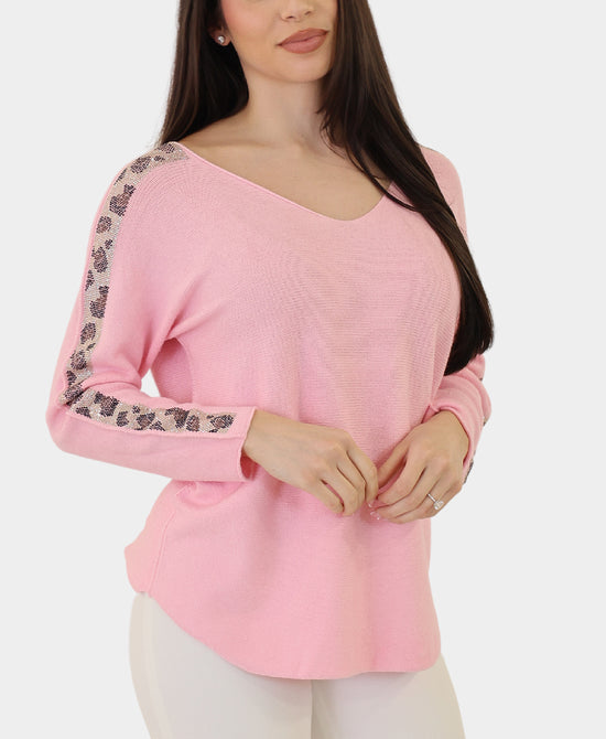 Sweater w/ Crystal Animal Print Stripe view 