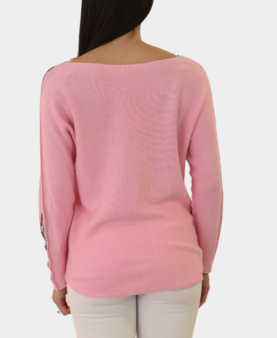 Sweater w/ Crystal Animal Print Stripe view 