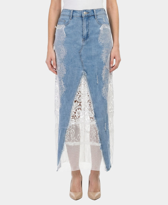 Denim Maxi Skirt w/ Lace view 