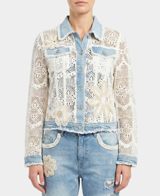 Crochet Jacket w/ Denim Trim & Embroidered Detail view 1