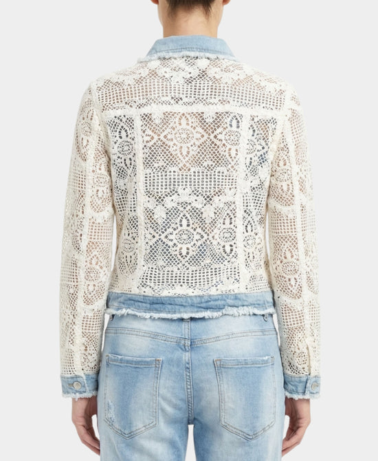 Crochet Jacket w/ Denim Trim & Embroidered Detail view 2