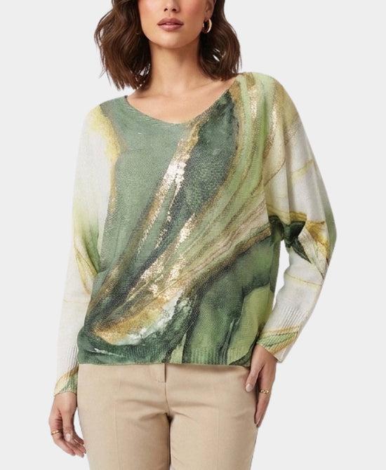 
Printed Knit Top w/ Metallic Detail in GREEN view 1
