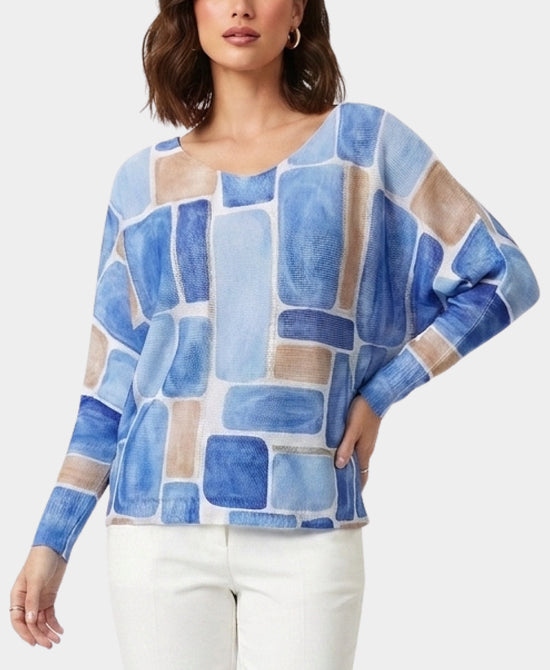 
Geo Print Knit Top w/ Metallic Detail in BLUE view 1