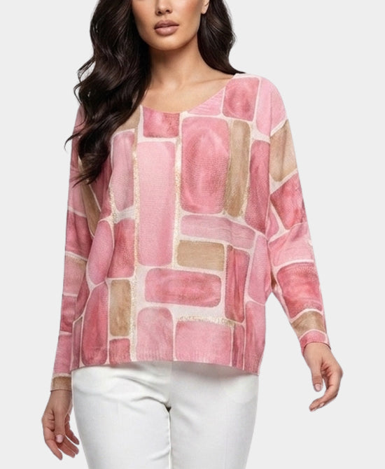 
Geo Print Knit Top w/ Metallic Detail in PINK view 1