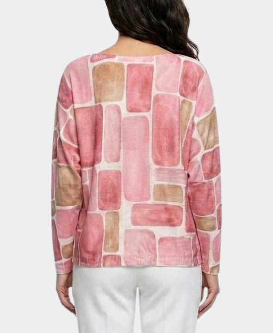 
Geo Print Knit Top w/ Metallic Detail in PINK view 2