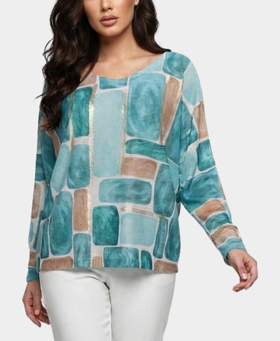 
Geo Print Knit Top w/ Metallic Detail in TURQUOISE view 1