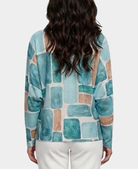 
Geo Print Knit Top w/ Metallic Detail in TURQUOISE view 2