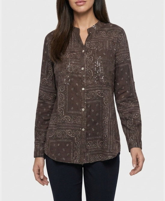 
Bandana Print Shirt w/ Sequin Trim in BROWN view 1
