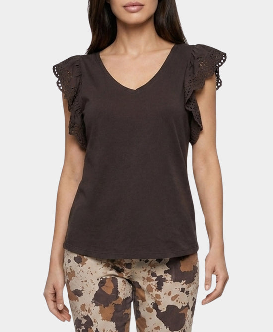 
Tee w/ Eyelet Ruffle Cap Sleeves in BROWN view 1
