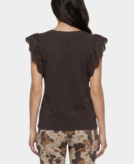 
Tee w/ Eyelet Ruffle Cap Sleeves in BROWN view 2