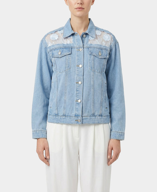 Denim Jacket w/ Sheer Floral Embroidered Detail view 1