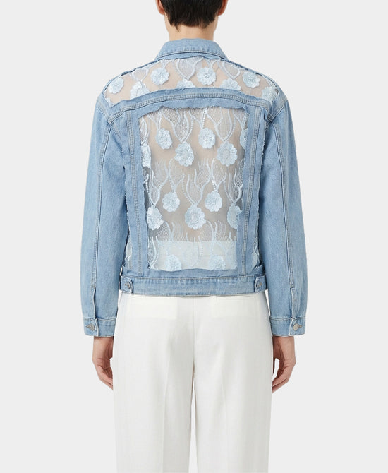 Denim Jacket w/ Sheer Floral Embroidered Detail view 2