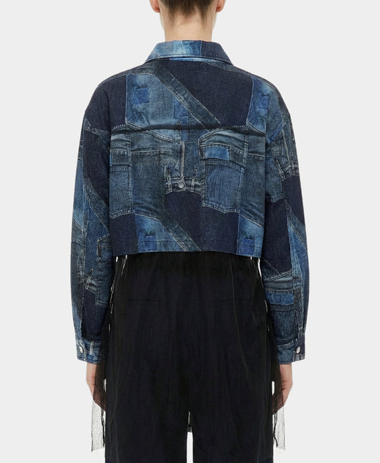 Printed Denim Blouse w/ Chiffon Overlay view 