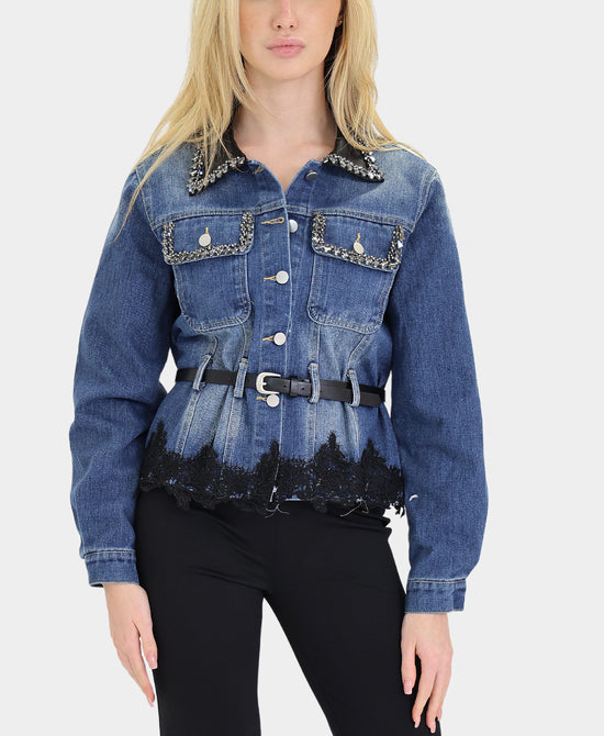 Denim Jacket w/ Lace & Jewel Trim view 