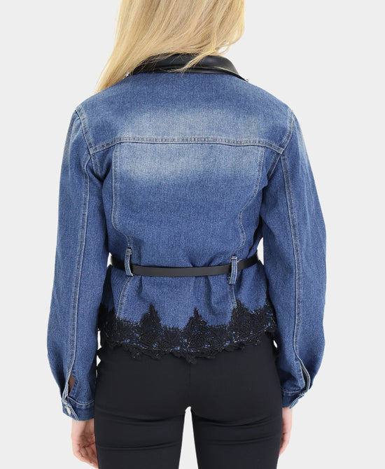 Denim Jacket w/ Lace & Jewel Trim view 