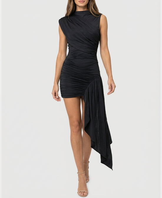 
Asymmetrical Drape Mini Dress in BLACK view 1