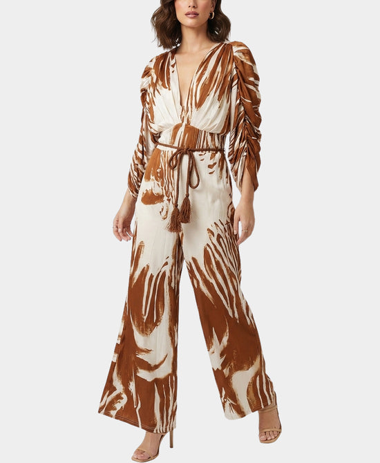 
Printed Jumpsuit w/ Ruched Sleeves in IVORY/BURNT ORANGE view 1