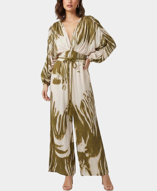 
Printed Jumpsuit w/ Ruched Sleeves in IVORY/GREEN view 1