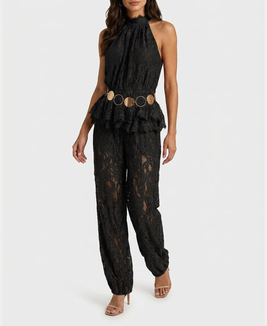 
Lace Halter Peplum Jumpsuit in BLACK view 1