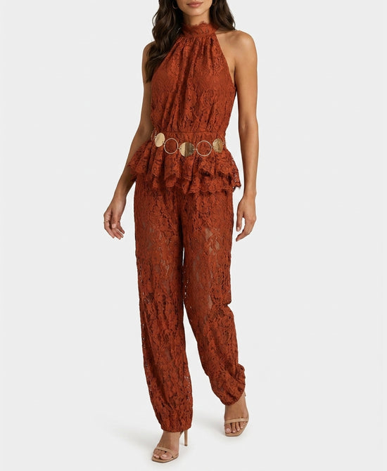 
Lace Halter Peplum Jumpsuit in RUST view 1