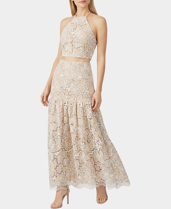 
Floral Crochet Maxi Skirt & Top Set- 2 Pc Set in TAN/WHITE view 1