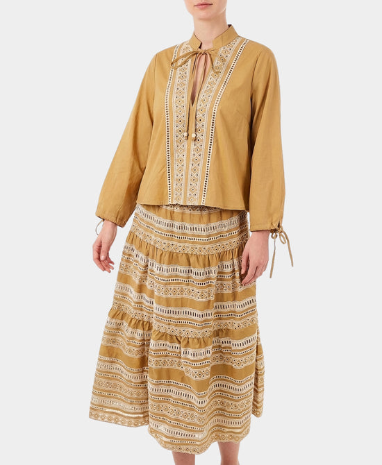 
Embroidered Maxi Skirt & Blouse Set- 2 Pc Set in KHAKI/WHITE view 1