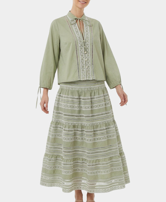
Embroidered Maxi Skirt & Blouse Set- 2 Pc Set in SAGE GREEN/WHITE view 1