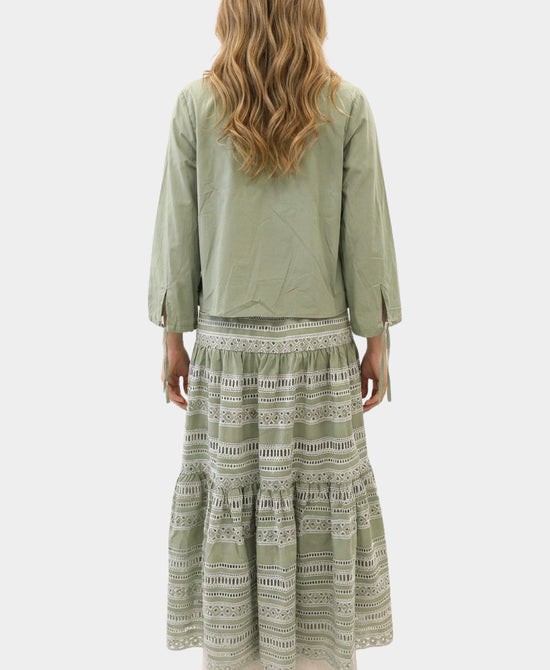 
Embroidered Maxi Skirt & Blouse Set- 2 Pc Set in SAGE GREEN/WHITE view 2