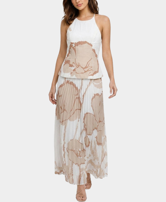 
Printed Top & Pleated Maxi Skirt Set- 2 Pc Set in WHITE/BEIGE view 1