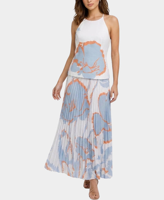 
Printed Top & Pleated Maxi Skirt Set- 2 Pc Set in WHITE/BLUE view 1