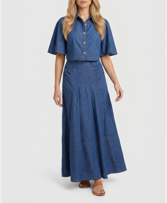 
Denim Top & Maxi Skirt Set- 2 pc Set in DARK WASH view 1