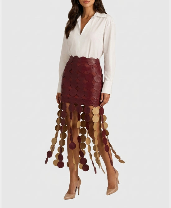 
Bubble Top & Circle Fringe Skirt Set- 2 pc Set in BURGUNDY/WHITE view 1