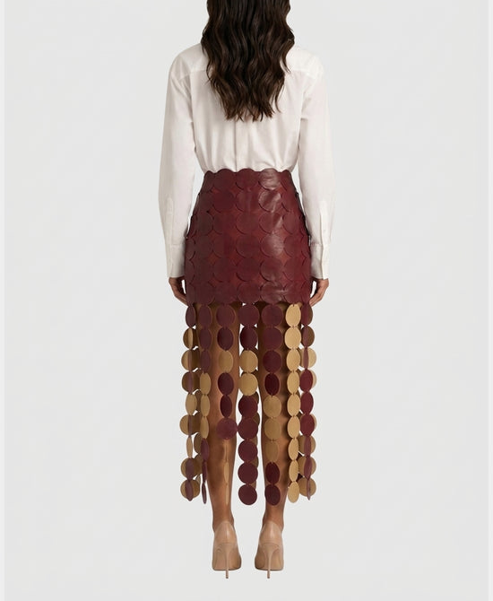 
Bubble Top & Circle Fringe Skirt Set- 2 pc Set in BURGUNDY/WHITE view 2